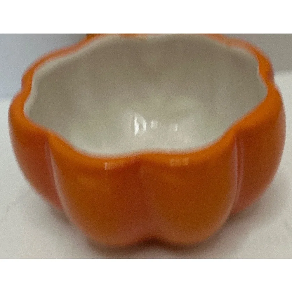 Hand Painted Earthenware Pumpkin Bowl Orange Scalloped Fall Decor 6 Inch